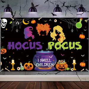 Halloween Hocus Pocus Backdrop, Witch Halloween Party Decorations Photography Backdrop with Photo Booth Props 16 Pcs, I Smell Children Banner Decor for Halloween Party Supplies Photo Background