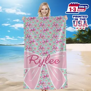 Customized Name Beach Towels with Pink Bows Design,Personlized Quick-Dry & Absorbent, Perfect forTravel, Yoga, Camping & Swimming Gift for Her or Him