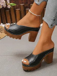 Women’s Plaid Platform Mules - Retro Checkered Block Heels with Peep Toe, Chunky High Heel Slides for Parties & Daily Style