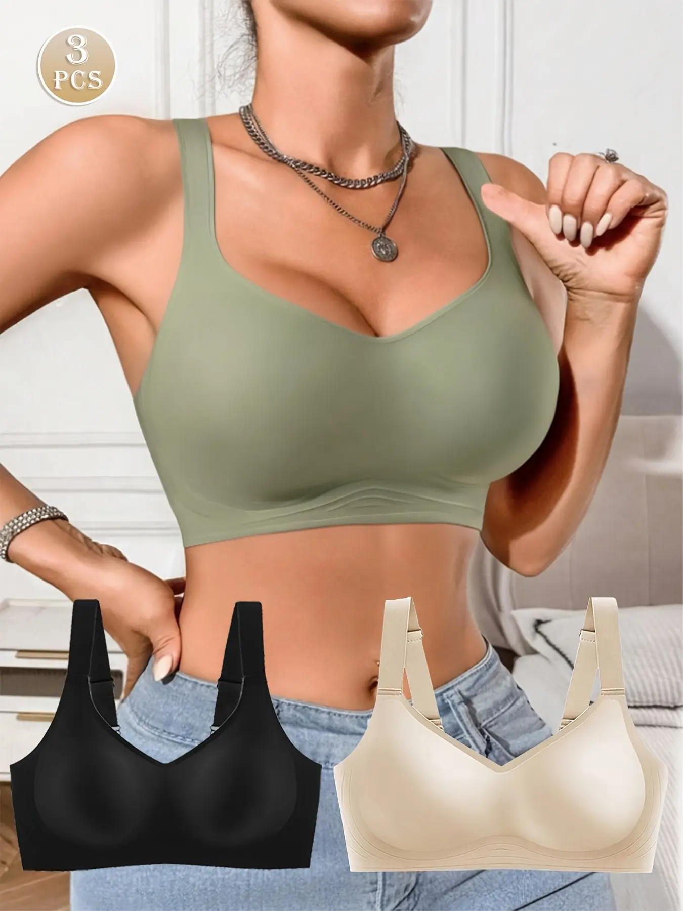 3-Pack Seamless Wireless Bras for Women, Thin Lifted Elegant Chic Design, 3D Soft Support, Underwire-Free, All-Season Lingerie