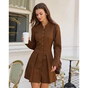 Rihoas Women's Brown Solid Polyester Fabric A-Line Mini Dress - Long Regular Sleeves, Waisted, Ruched, Button-Detailed, Casual Office Wear