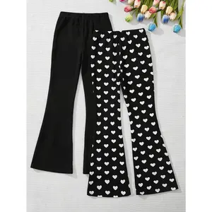 Girls 2-Pack Flared Pants Set – Solid Black & White Heart Print Elastic Waist Bell Bottoms for Kids