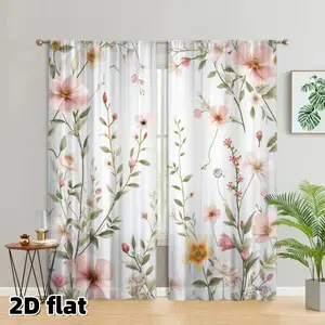 2D Flat 2Pcs Floral Print Sheer Curtains, Pink Flower Pattern, Rod Pocket Design, Semi Polyester Fabric, Light Filtering Window Treatment for Living Room Bedroom Balcony Home Decor, Botanical Garden Style, Home Decoration Curtain