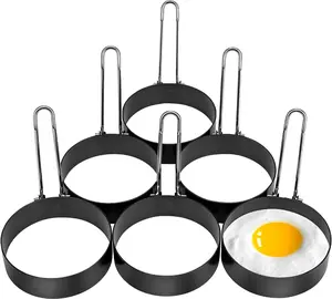 Pack of 6 Black Stainless Steel Round Egg Cooking Rings, Non-Stick Frying Egg Maker Molds Ideal For Making Egg Muffins, Mini Pancakes, Fried Eggs, Poached Eggs, Breakfast Sandwiches, Hamburgers, Biscuits, Bacon, Fruit, Potatoes And Crepes Etc summervibes