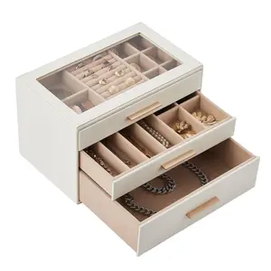 1pcs White & Green 3-Layer Skylight Jewelry Box with 3 Drawers, Large Capacity Dustproof Jewelry Organizer for Rings Earrings Necklaces Bracelets