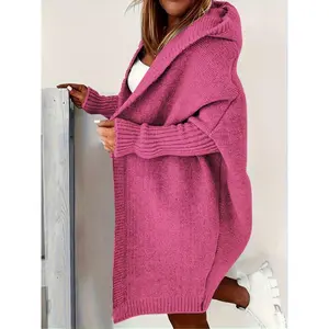 Plus Size Solid Color Hooded Cardigan, Casual Long Sleeve Knitted Cardigan, Women's Plus Size Clothing