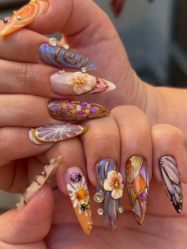 3D Stained Glass Press On Nails Colorful Floral Ladybug Orange Slice Long Stiletto Fake Nails Maximalist Spring Summer Aesthetic Reusable Acrylic False Nails For Women Quirky Vacation Party Stick On Manicure Set Art Glue On Nails Kit