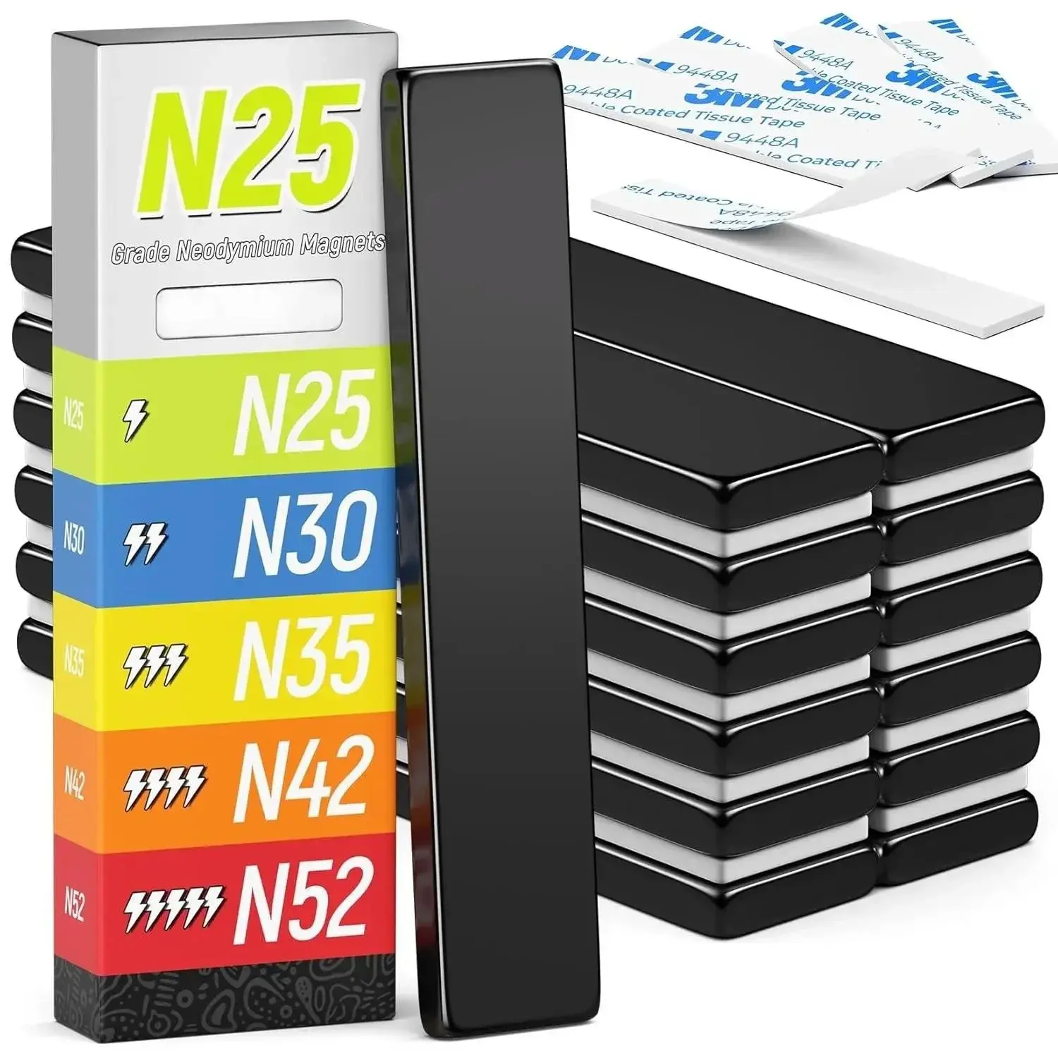 12 Pack Powerful Neodymium Magnets, Strong Rare Earth Magnet Heavy Duty, Bar Magnets with Double-Sided Adhesive for Fridge, Office, Kitchen, Fishing, DIY - 60x10x3mm (N25)
