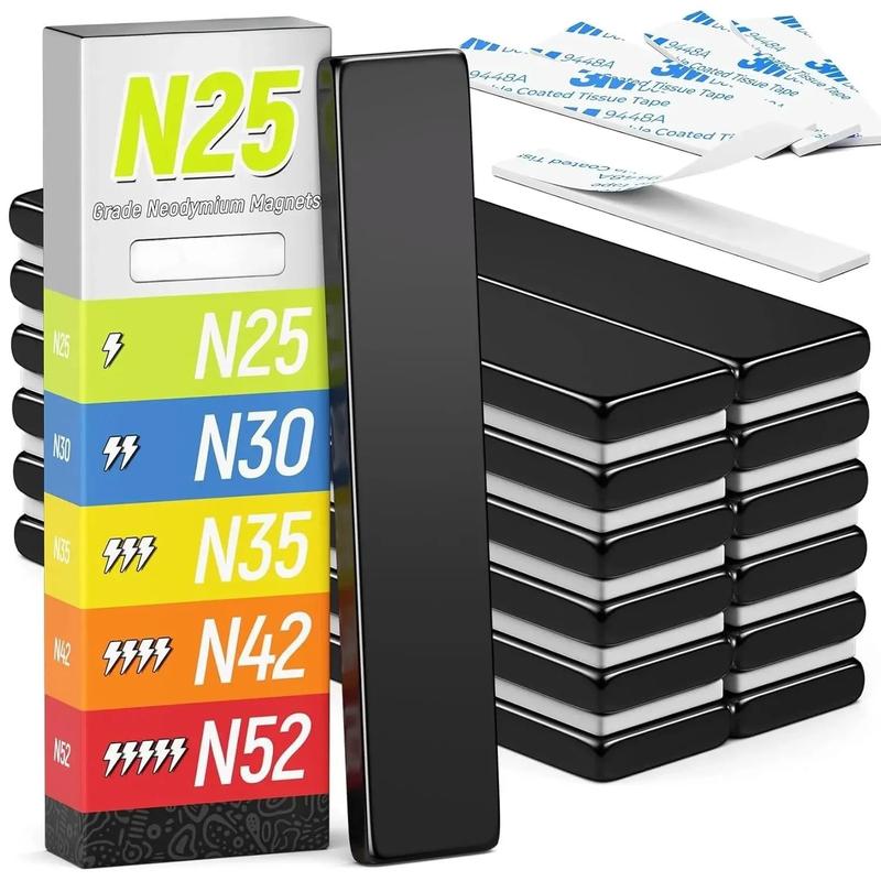 12 Pack Powerful Neodymium Magnets, Strong Rare Earth Magnet Heavy Duty, Bar Magnets with Double-Sided Adhesive for Fridge, Office, Kitchen, Fishing, DIY - 60x10x3mm (N25)Quesear