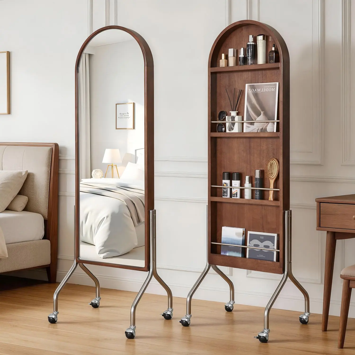 Elegant Arched Rubber-Wood Frame Full-Length Floor Mirror - Smooth Durable Glass, Rolling Wheels, Storage Shelves, 2-in-1 Dressing Cart Bookcase for Bedroom, Living Room Home Decor
