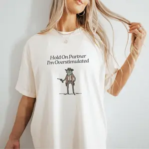 Overstimulated Cowboy Frog Tshirt Trendy Unhinged Weirdcore Gen Z Tee Funny Womenswear Streetwear Summer Cotton Top