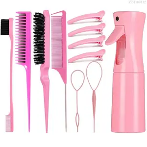 12PCS Hair Styling Tool Set Teasing Brush Tail Comb Sectioning Clips Loop Tools Continuous Spray  Professional Hairdressing Kit for Braiding Volume Salon and Home UseXXSTYOUT12
