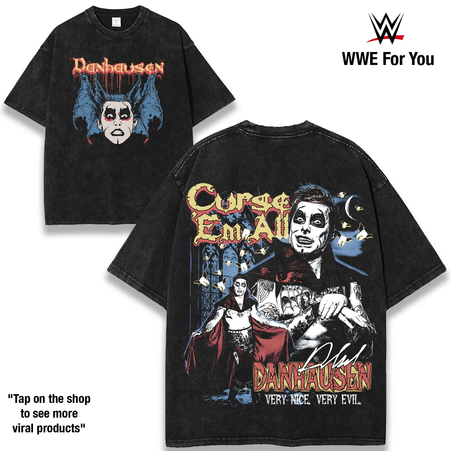 WWE DANHAUSEN Washed T-Shirt | Vintage Graphic Design | Iconic Wrestling Print | Classic Fan Apparel Cotton Fabric