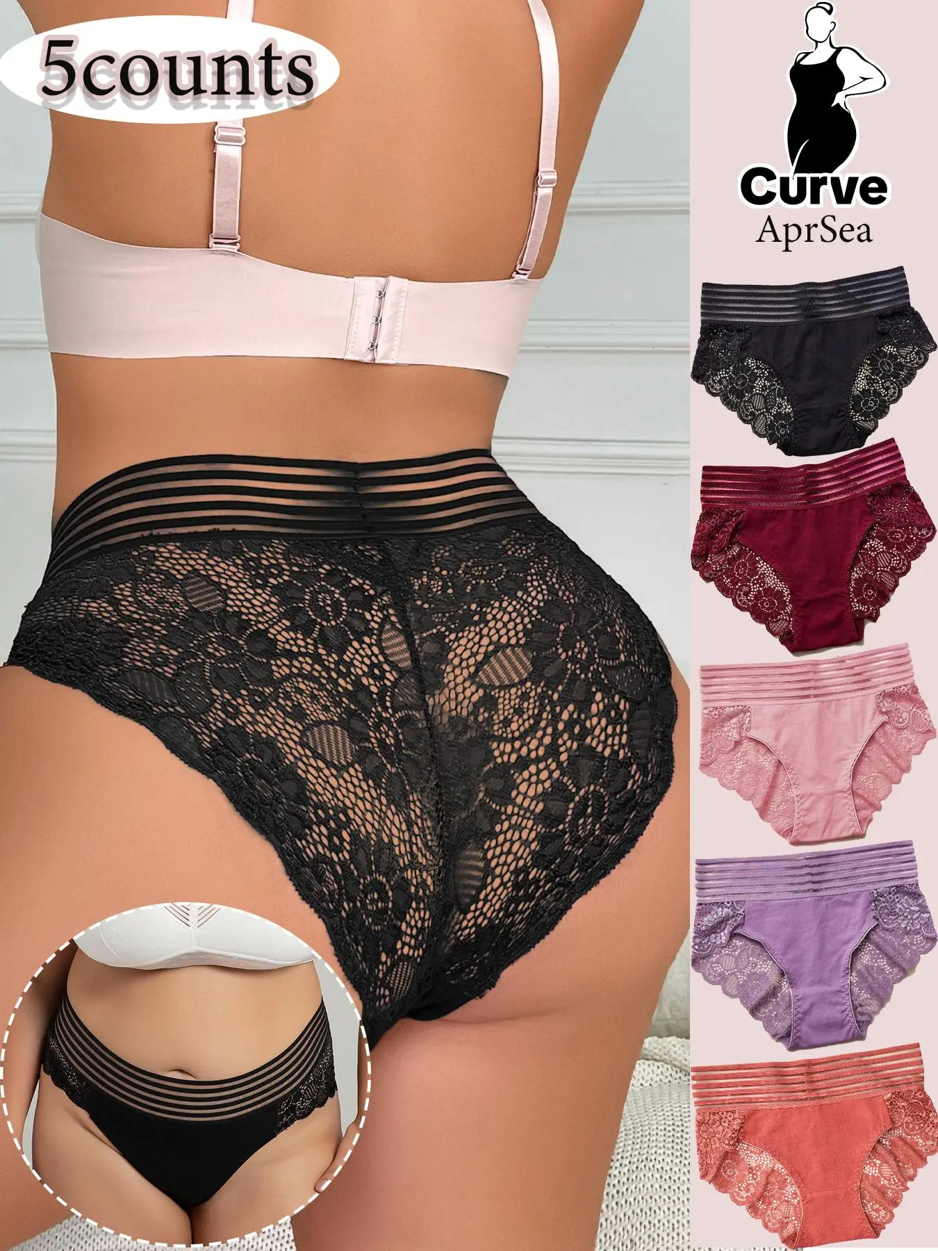 【Plus Size】 Plain Contrast Lace Knicker, Lace Trim Panty, Women's Plus Size Basic Natural Waist Panties Set, Plus Lady Underwear for All Seasons, Lace Fitted Panty, Intimates Panties
