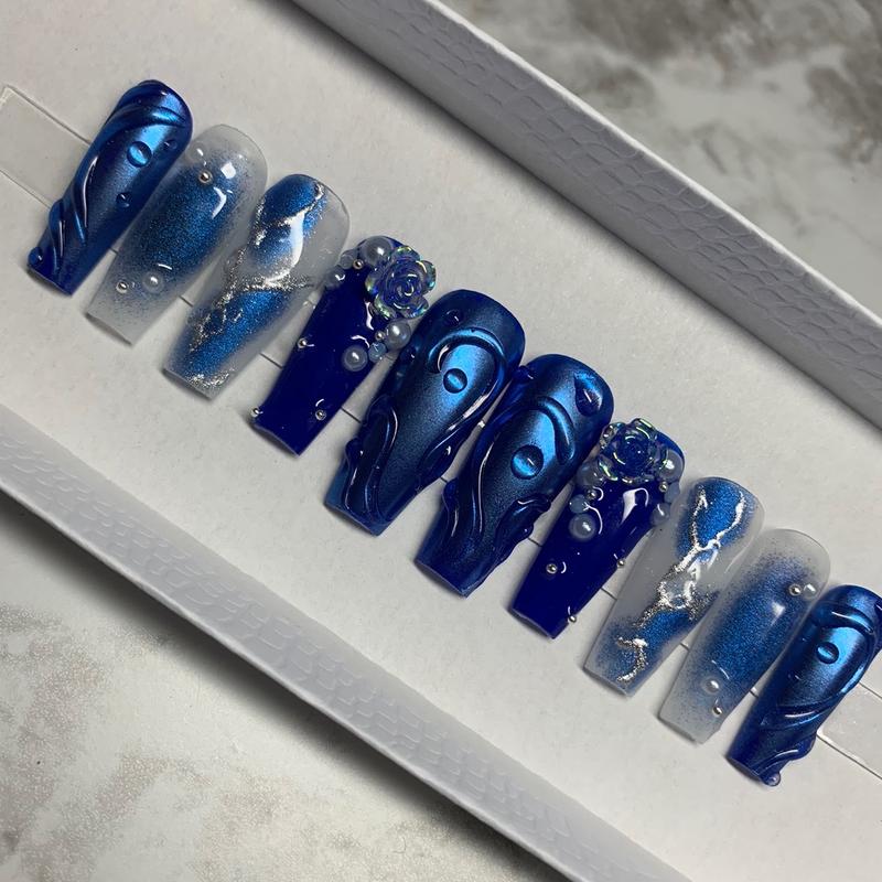 Blue Aura Nails, Chrome Nails, Long Coffin Nails, 3d Nail Art, Press on Nails