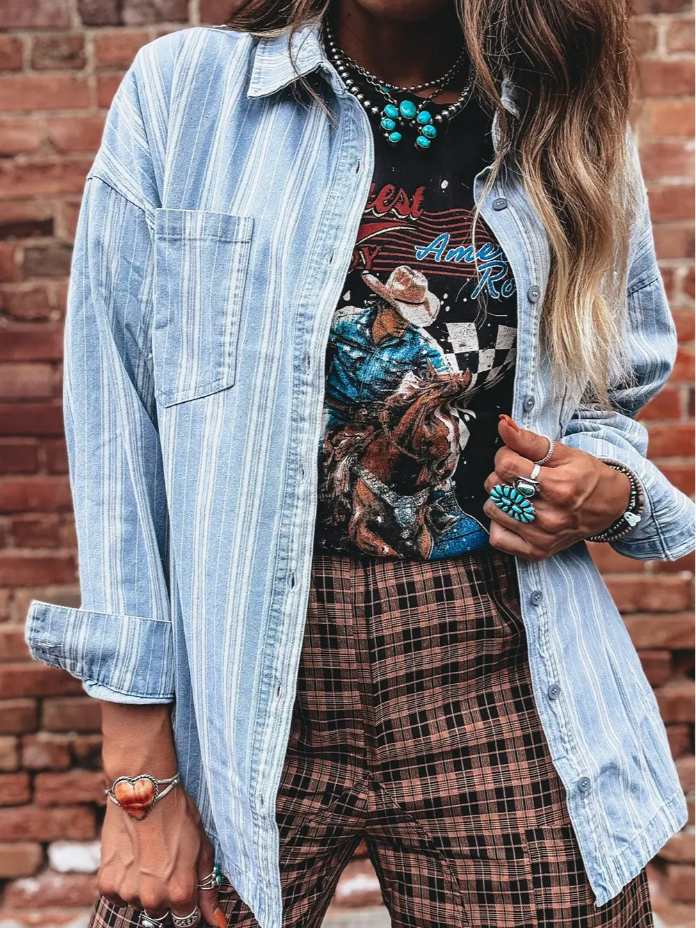 Women's Oversized Striped Button Down Shirt Coastal Cowgirl Western Shacket Casual Blouse 93% Cotton