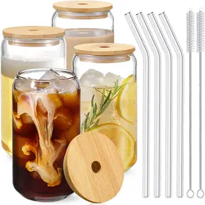 Drinking Glasses with Bamboo Lids and Glass Straw 4Pcs Set - 16Oz Glass Cups, Iced Coffee Glasses, Cute Iced Tea Glasses, Beer Glasses, Ideal for Coffee Bar Accessories, Aesthetic Gift - 2 Brushes NETANY