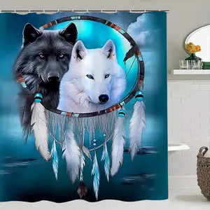 Creative Wolf Dreamcatcher Bathroom Decor Set, Bathroom Accessory, Includes Shower Curtain Sets, Mat, Toilet Lid Cover, Waterproof, 12 Hooks, Christmas Gift
