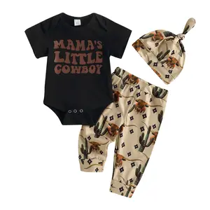 Western Newborn Baby Boys Summer Outfits Cow Print Letter Romper Bodysuit+Long Pants+Hat 3Pcs Infant Clothes