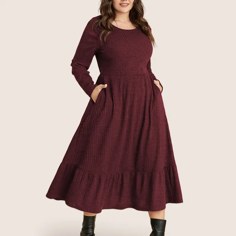 BloomChic Solid Pocket Rib Knit Ruffle Hem Dress Without Belt 【M-6XL】
