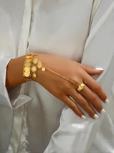 Vintage Boho Copper Layered Finger Ring Bracelet with Hollow Carved Design, Women's Multi-Layer Hand Chain for All Seasons Multilayered Bangles