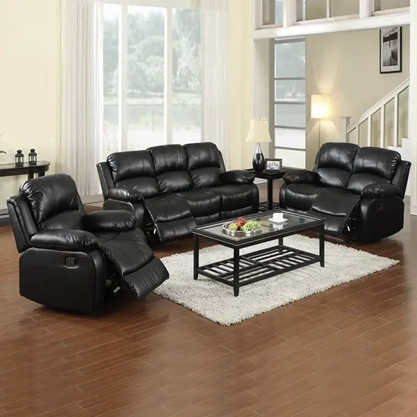 3-Piece Black PU Leather Recliner Sofa Set Furniture - Sofa, 2-Seater Loveseat, Armchair with Deep-Cushion Support, Easy-Clean Kid-Proof Surface for Contemporary Home Decor, Assembly Required
