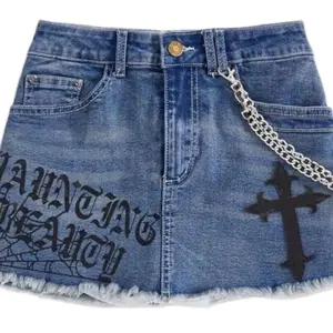 Grunge Punk Y2K Denim Cross Skirt with Chain