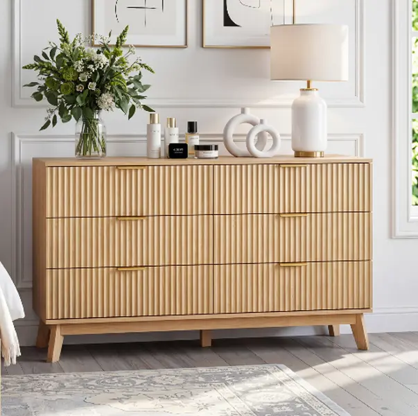 Fluted Dresser with 6 Drawers, Modern Wooden Chest of Drawers with Metal Handles & Large Storage, Mid Century Dresser TV Stand for Bedroom, Living Room, Hallway