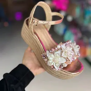 Elegant Floral Rhinestone Sandals with Gold Buckle and Pink Interior for Women