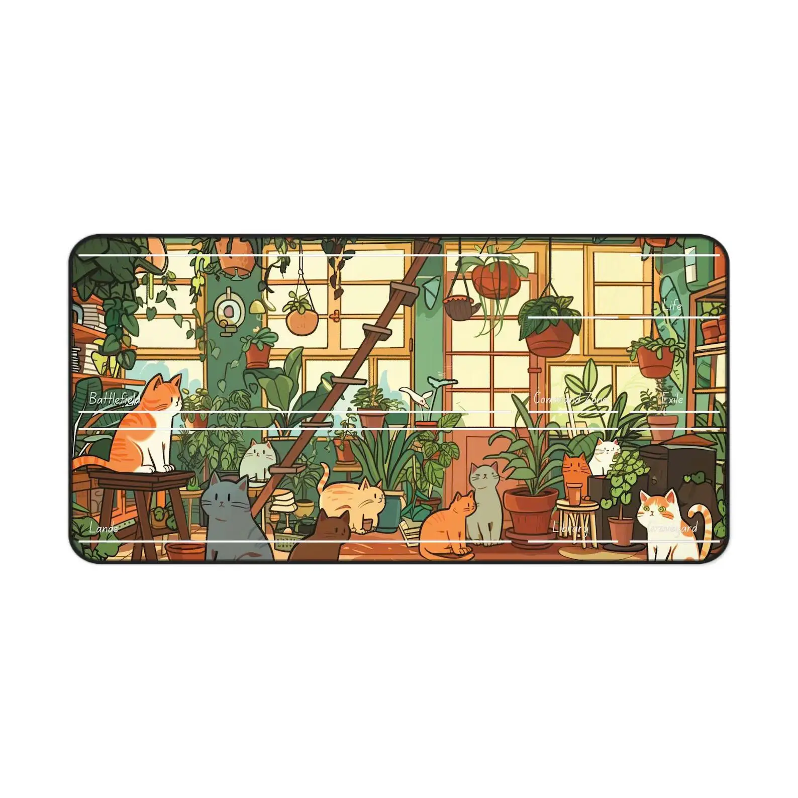 Kawaii Cat Anime Desk Mat, Lo-fi Flower Shop Mouse Pad, TCG Playmats with Zones, Card Playmat, Cute
