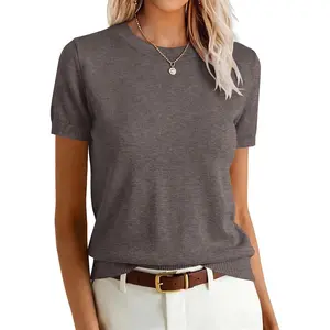 Womens Short Sleeve Sweaters Wool Blend Crew Neck Sweater Shirts Business Casual Work Tops 2026 Summer OutfitsGift