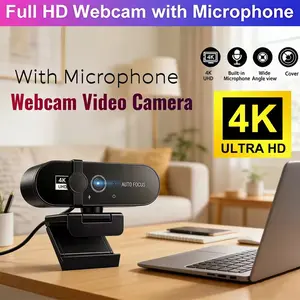 4K Webcam with Privacy Cover, Full HD Network Camera for Online Learning and Remote Work, Auto Focus and Exposure, 360° Rotation, USB Compatibility