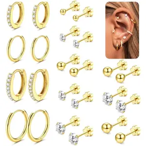 MILACOLATO 12 Pairs Stud Earrings for Women Surgical Steel Earrings Hypoallergenic Huggie Hoop Earrings Tiny CZ Flat Back Earrings Set Helix Piercing Cartilage Earrings Gold Silver Earrings for Women