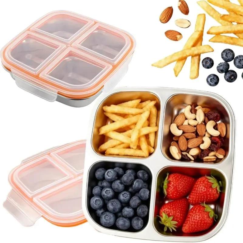 Stainless Steel Snack Container - Divided Bento Snack Box - 3/4 Compartment Meal Prep Lunch Container for  Daycare, School, Work, Travel， Divided Meal Prep Bento Box, Durable Lunch Box, Portable Snack Box, Meal Prep Containers