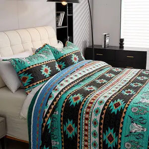 Southwestern Cowboys Quilt Set - 3-Piece Boho Bedspread with Geometric Patterns in Earthy Tones & Playful Hues - Reversible Design for Free-Spirited Souls - Soft Polyester Material - Machine-Washable & Wrinkle-Resistant - Queen/King Size