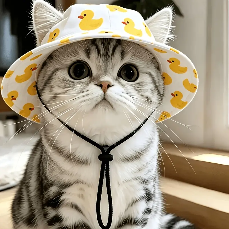 2-in-1 Value Set UV Protection Pet Sun Hats for Cats and Dogs, Duck Print Bucket Hat with Ear Holes, Adjustable Size, Outdoor Walking Hat for Small Dogs, Puppies, Cats, and Kittens, Spring Summer Fall Pet Accessory