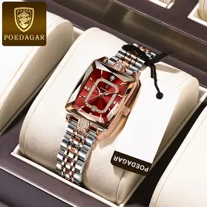 Women's Ultra-Thin Square Quartz Watch Retro Red Dial with Embellishments Stainless Steel Strap Waterproof and Calendar Function Elegant Korean Fashion Watch Fashion Women's Christmas Best Gift Thanksgiving Perfect Choice