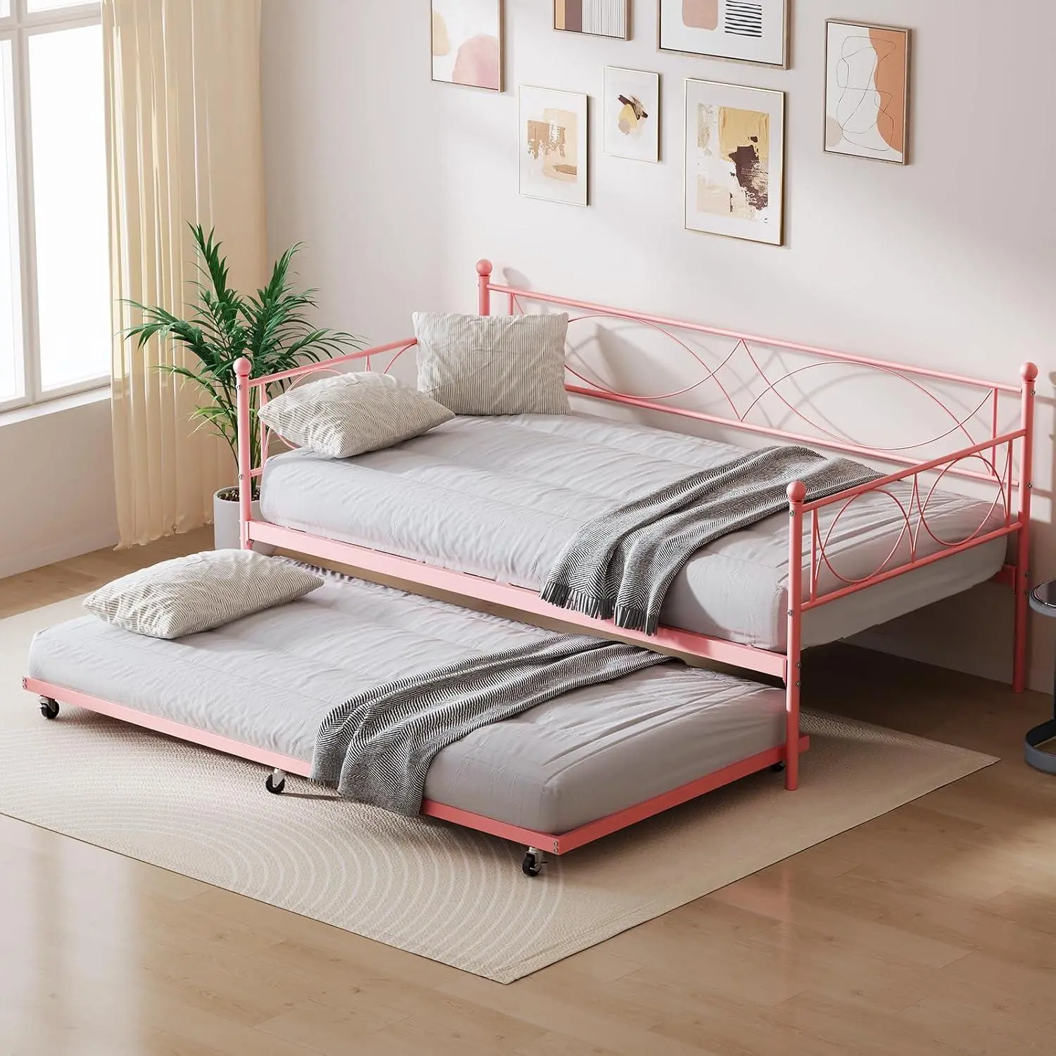 Day bed with pull out trundle twin daybed with trundle twin size mattress foundation with metal slats support for living room bedroom and guest room