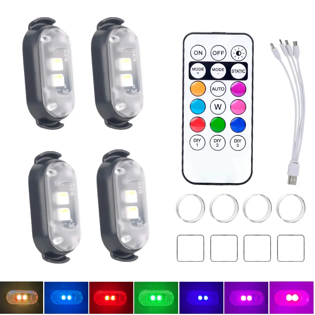 【FOZETOP】Wireless RGB Lighting Aircraft Strobe Warning Light, 5V Input USB Charging, Remote Control Anti-Collide Flash Lamp for Motorcycle, Automobile