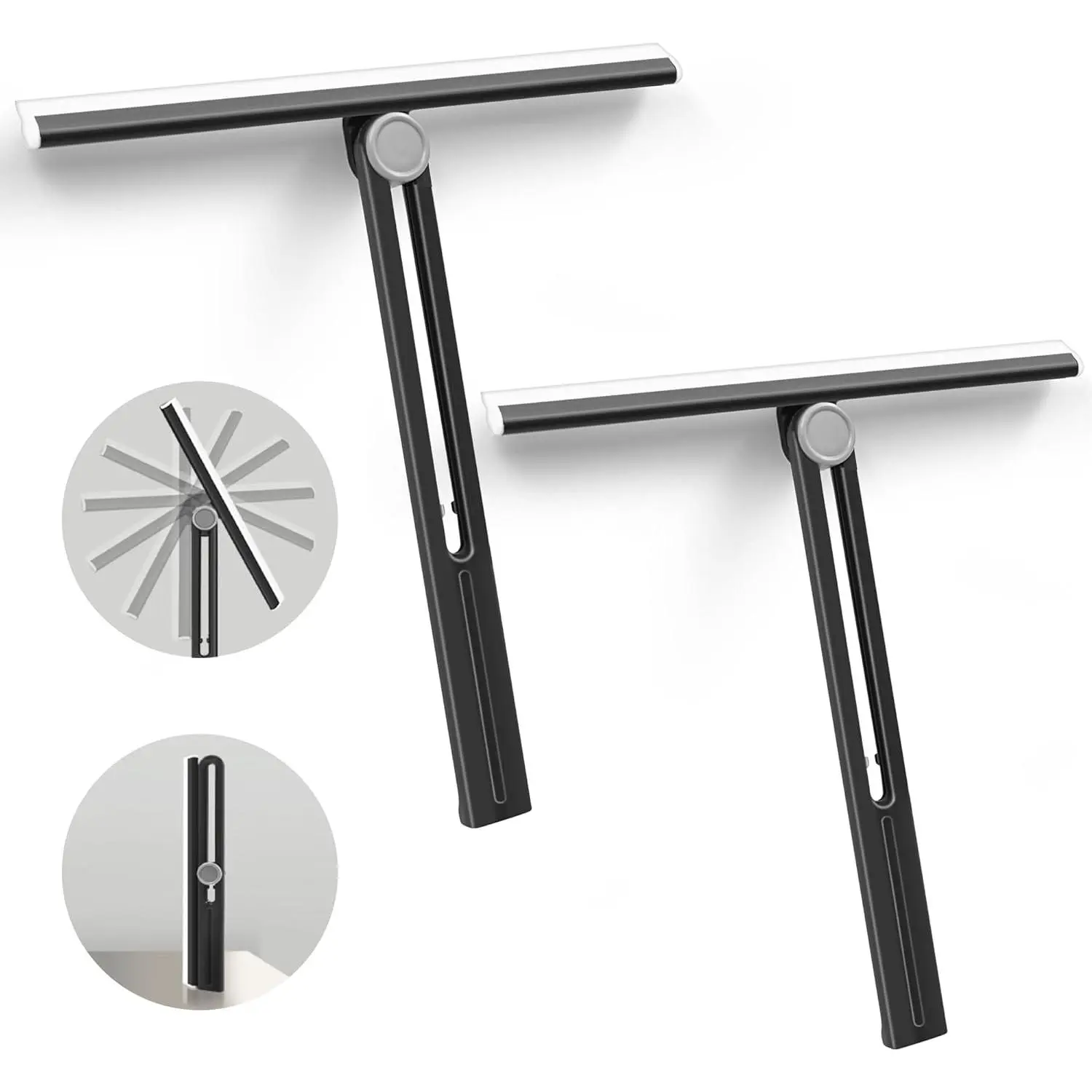 Household 2-Pack 11-Inch Foldable All Purpose Squeegees - Smooth, Lightweight, Rotatable Black Silicone Blade Multipurpose Surface Cleaning Tool, Easy to Store for Glass Doors, Bathroom Tile