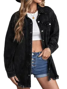 Aswulk Women's Oversized Button Up Frayed Hem Shacket Long Sleeve Pockets Denim Jean Jacket in Classic Black