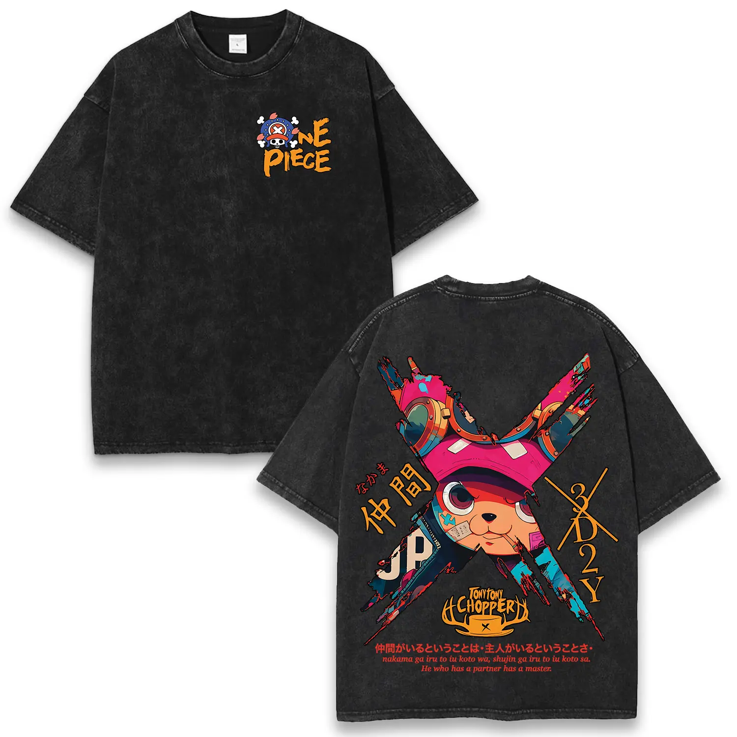 Retro 3D2Y Tony Tony Chopper Washed Tee, One Piece Anime Oversized Print Acid Wash Graphic T-Shirt, Y2K Streetwear Gift For Fan Manga Lover Otaku Merch