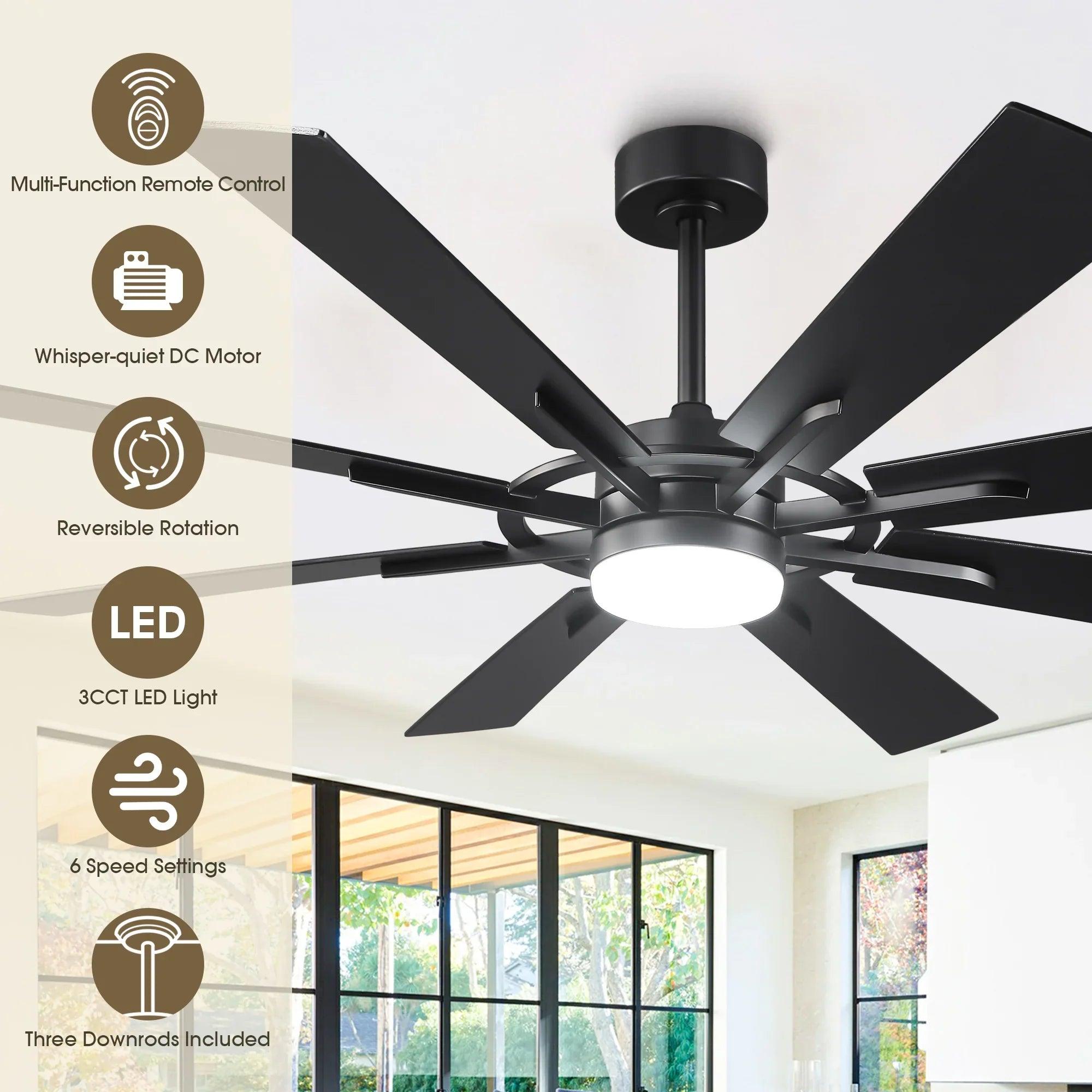 60/72 Inch Windmill Style Ceiling Fan Downrod Mount LED Light with APP & Remote Control