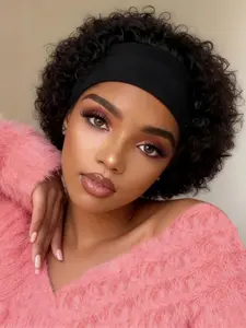 Headband Pixie Cut Wig Human Hair - Curly Short Pixie Wig with Black Headband, Natural Looking & Easy to Install for Women