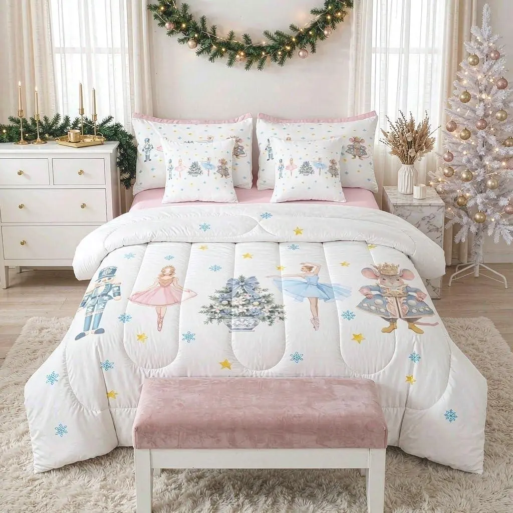 Nutcracker Bed in A Bag | Bowknot Christmas Winter 7 Piece Bedding Set Snowflake Star Print Comforter Set Reversible with Sheets Ballet Dancer Sheet Set Breathable Lightweight