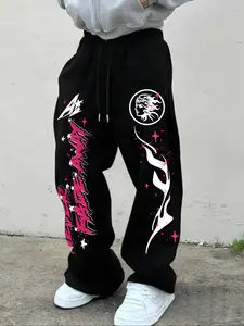 Casual Loose-Fit Logo Graffiti Heart Sweatpants, Drawstring Waist, Comfortable Street Style, Athleisure Style Pants, Perfect for Daily, Sports, and Gatherings