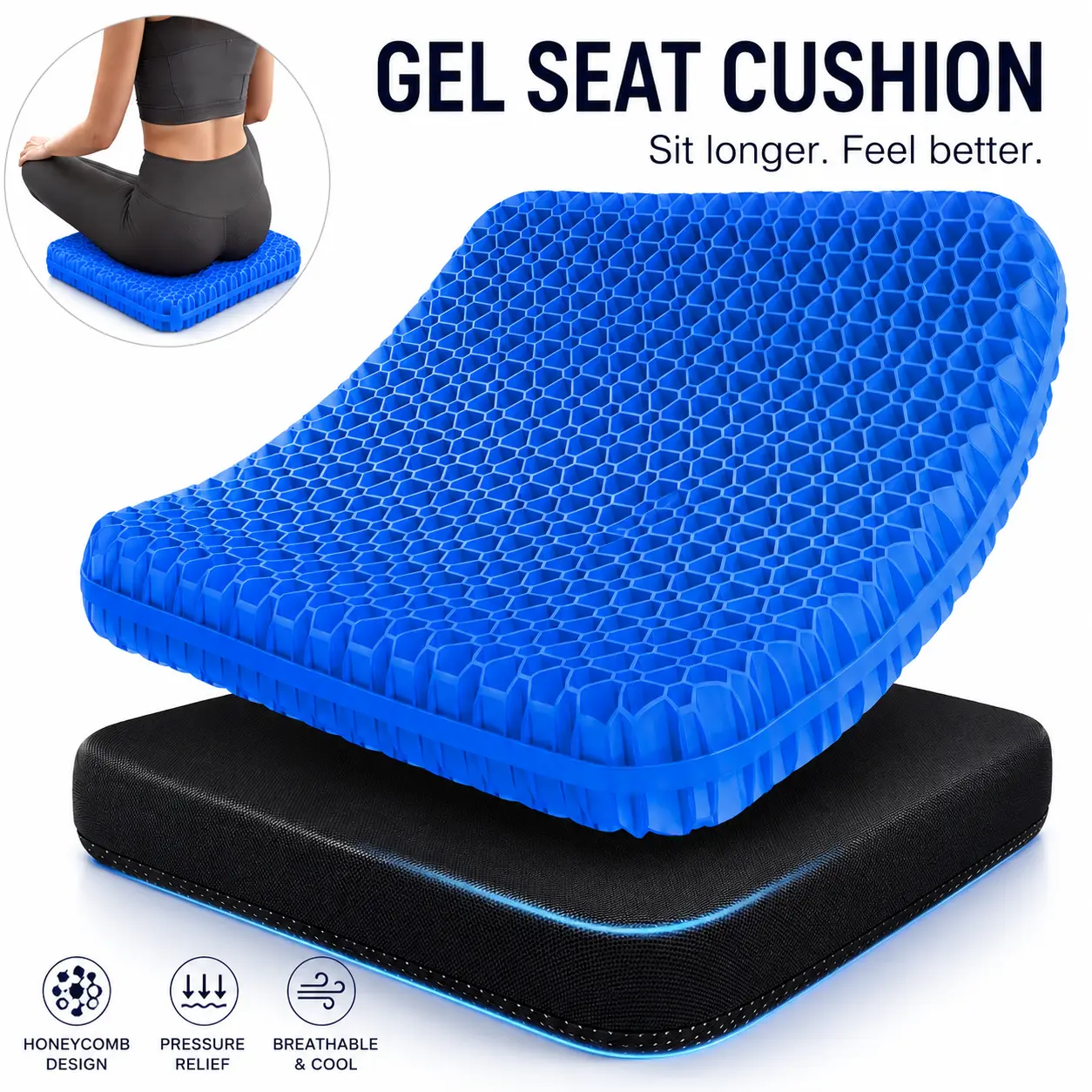 【New】Gel Seat Cushion - Large Size, Firm Honeycomb Cooling, Breathable, Portable, Soothing Chair Pad with Non-Slip Cover (16.5x15.7x1.6in), Washable for Office Chair, Car Seat, Indoors/Outdoors