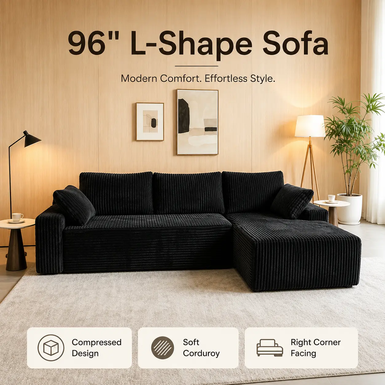 96" Modern Black Right-Facing L-Shape Corner Sofa with Storage, Space-Saving Indoor Living Room Furniture Set chaise