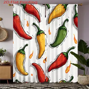 2D Flat, 2pcs Hot Chili Pepper Print Curtains - Vibrant Red, Green, Yellow & Orange Pepper Design on White