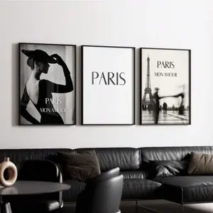 Optional Wooden Frame Paris Retro Architecture Eiffel Tower Black White Fashion Nordic Living Room Canvas Wall Art Decor Minimalist Design